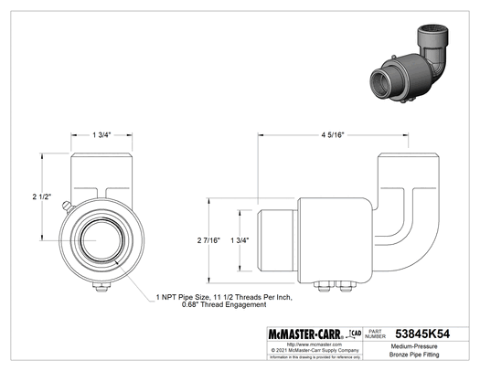Technical drawing of Medium-Pressure Bronze Pipe Fitting, 90 Degree Connector with Intermittent Swivel, 1 NPT Female.